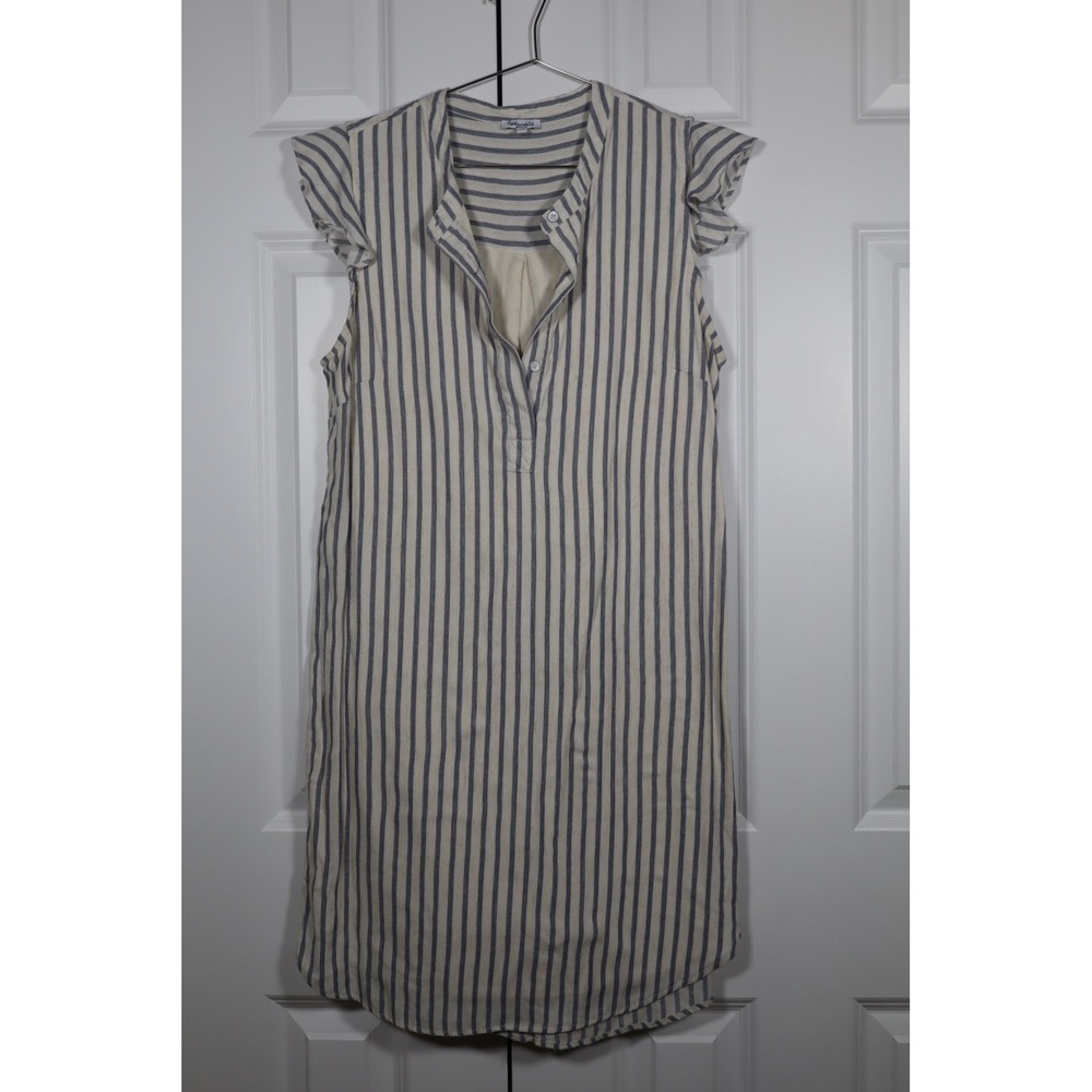Splendid Women Blue White Striped Linen Blend Ruffle Sleeve Shirt Dress size Med
